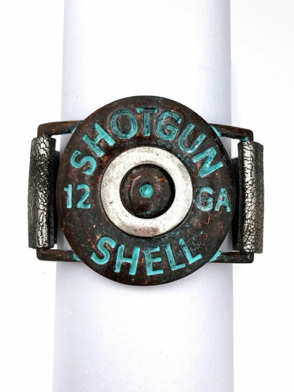 NWT Large 12 Gauge Shotgun Shell Silver Leather Wrap Bracelet Patina